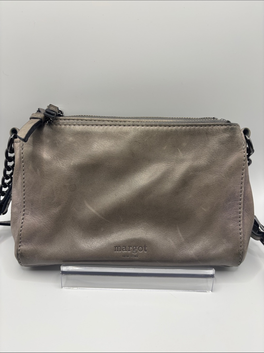 Margot New York Gray Leather Chain-Accent Crossbody Bag